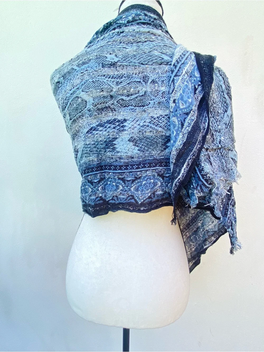 Boho Blue Black Silver Metallic  Pashmina Fringe Scarf